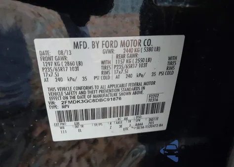 2013 Ford Edge Se from USA, damaged, VIN 2FMDK3GC8DBC91876
